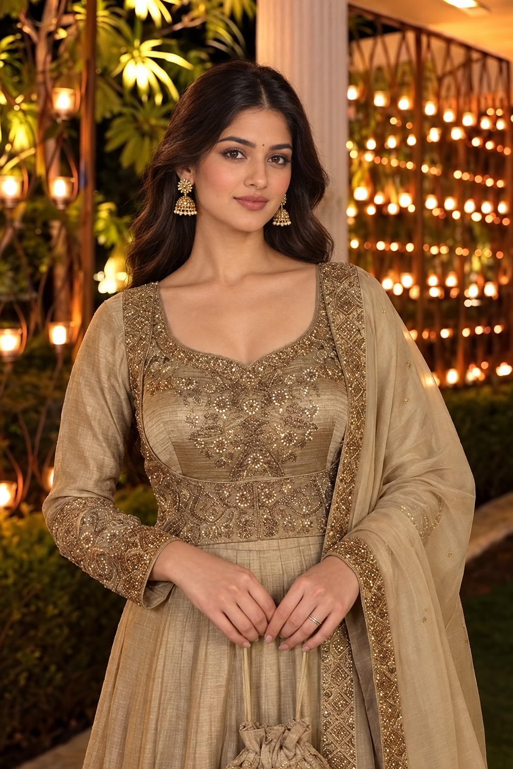 Champagne Gold Embellished Tissue Silk Anarkali Set