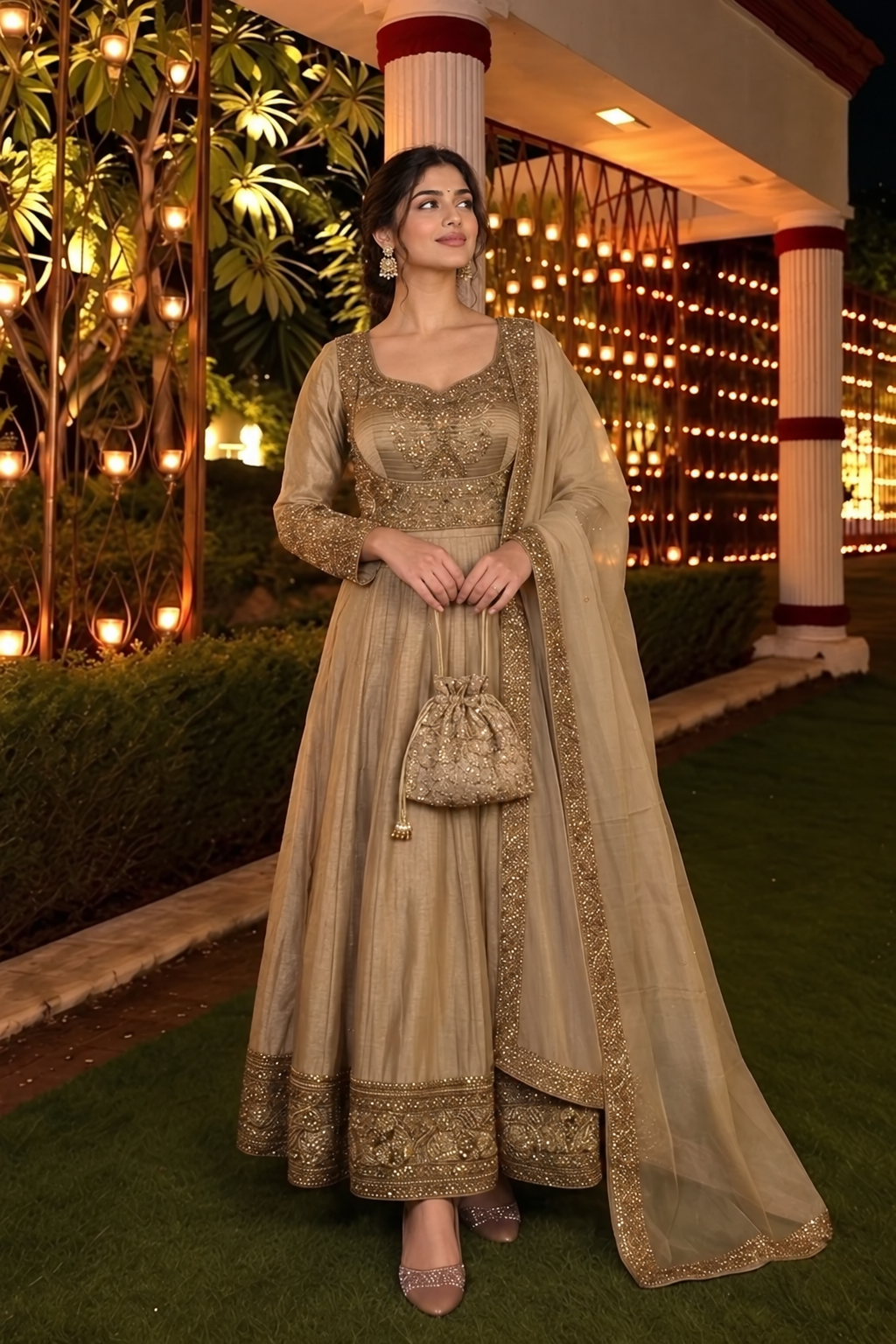 Champagne Gold Embellished Tissue Silk Anarkali Set