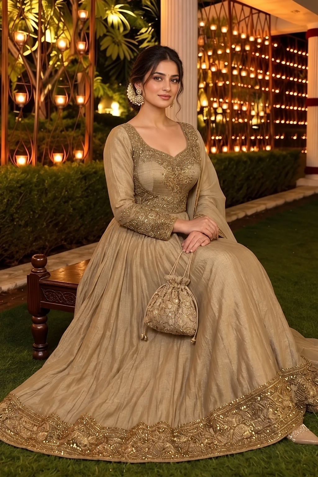 Champagne Gold Embellished Tissue Silk Anarkali Set