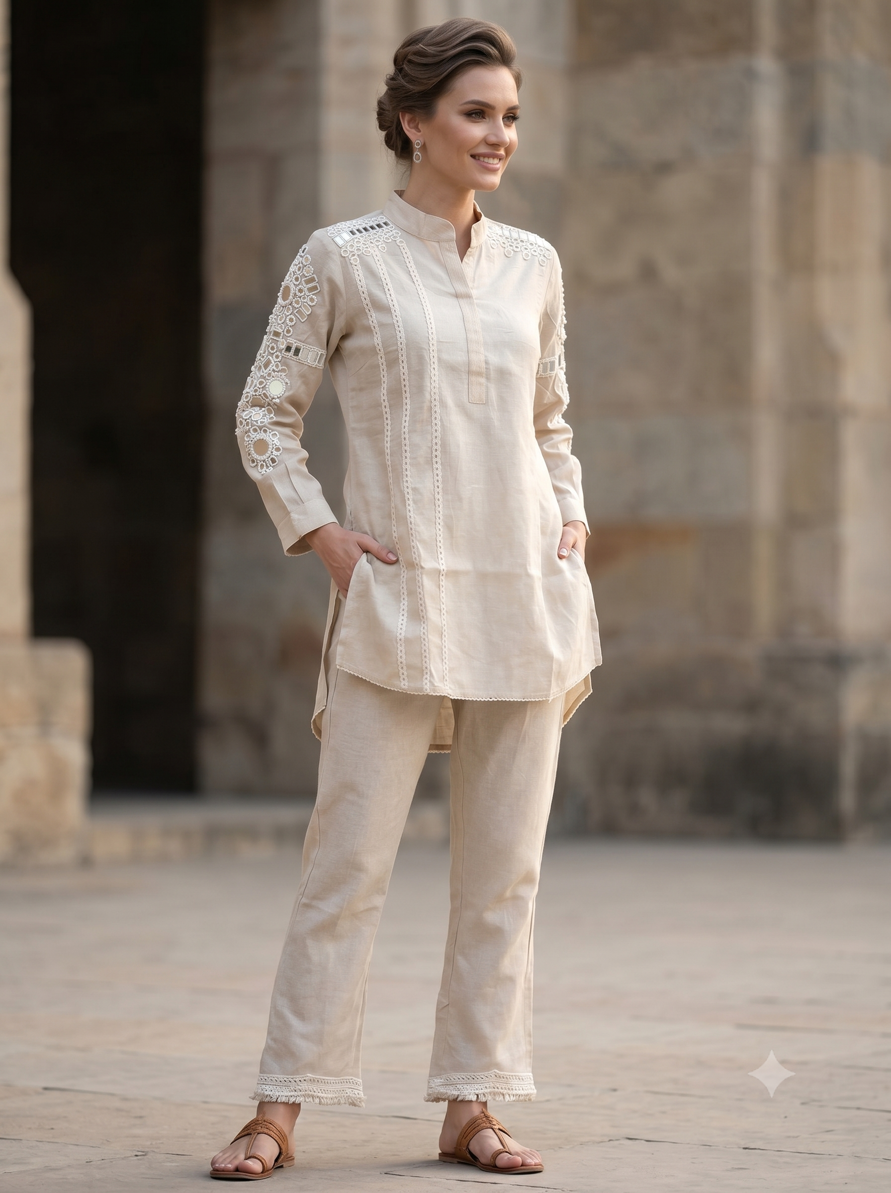 Light Beige Embellished Cotton Linen Co-Ord Set