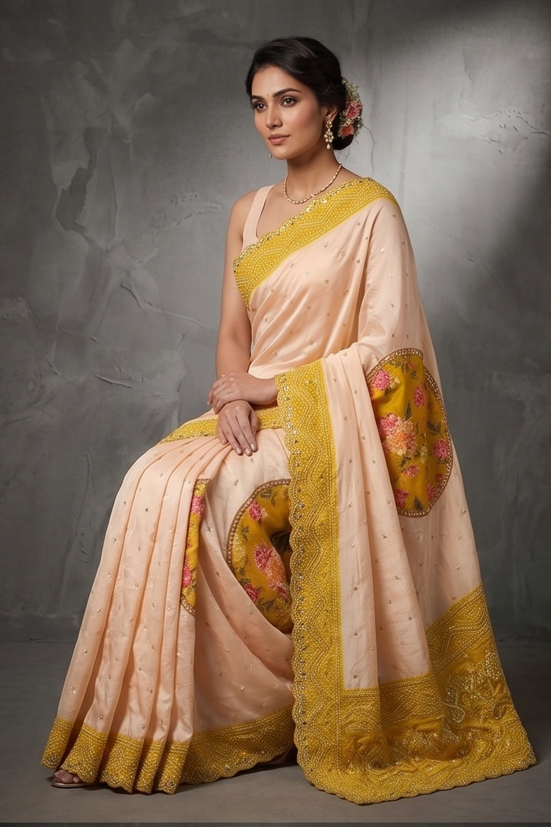 Peach Yellow Bandhni Printed Crepe Silk Saree