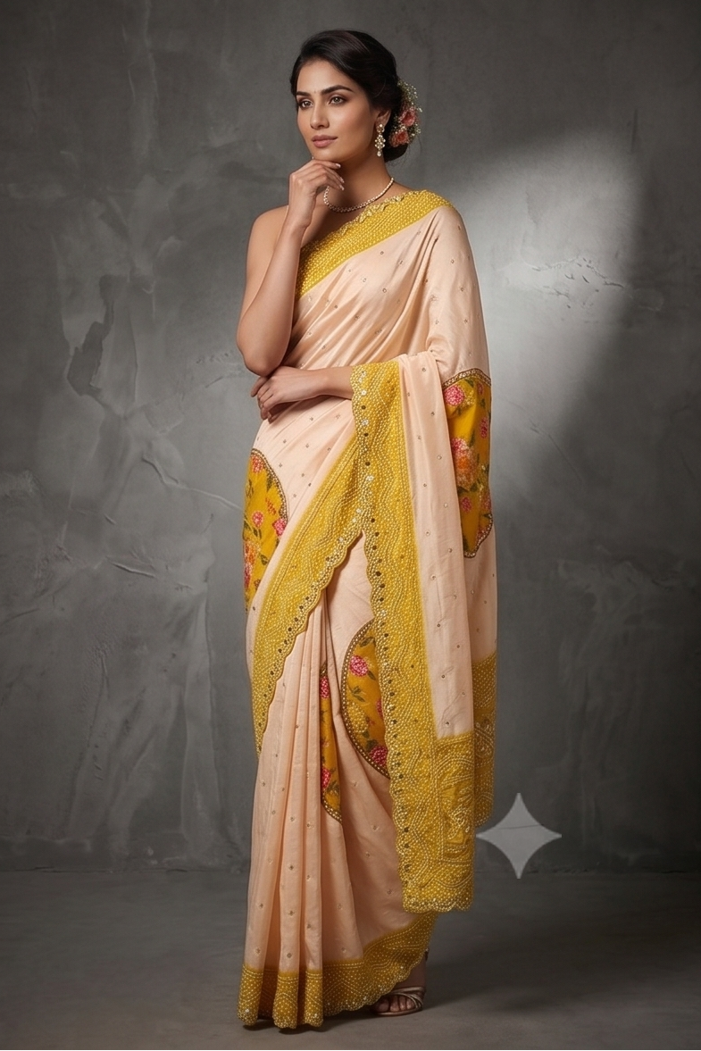 Peach Yellow Bandhni Printed Crepe Silk Saree