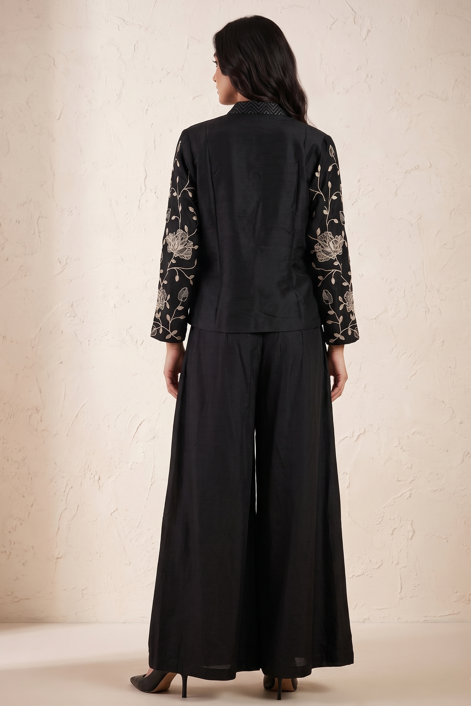 Classic Black Embellished Chinon Silk Palazzo Set