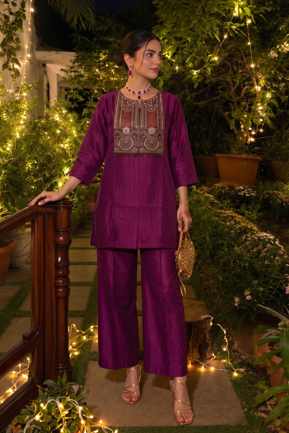 Luxe Wine Embellished Dola Silk Co-Ord Set