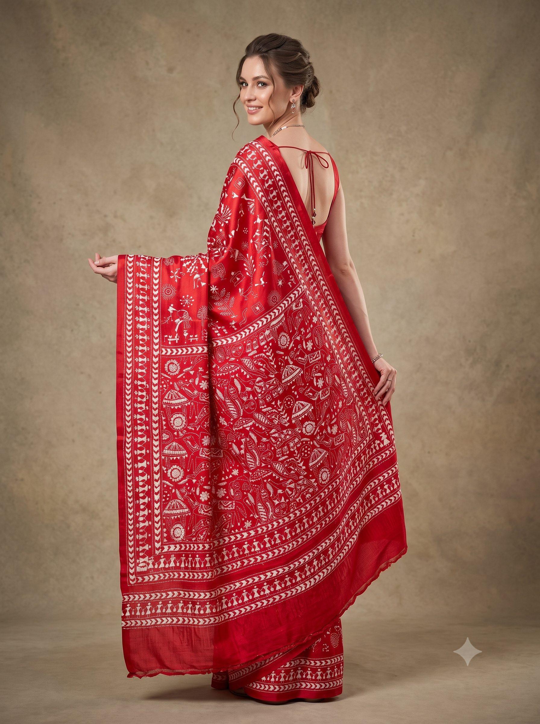 Red Scarlet Folk Kantha Pure Tussar Silk Saree