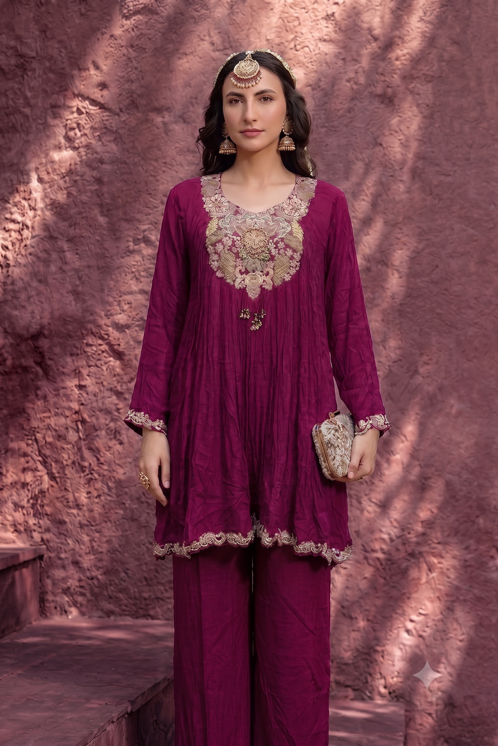 Royal Wine Embellished Georgette Silk Palazzo Set