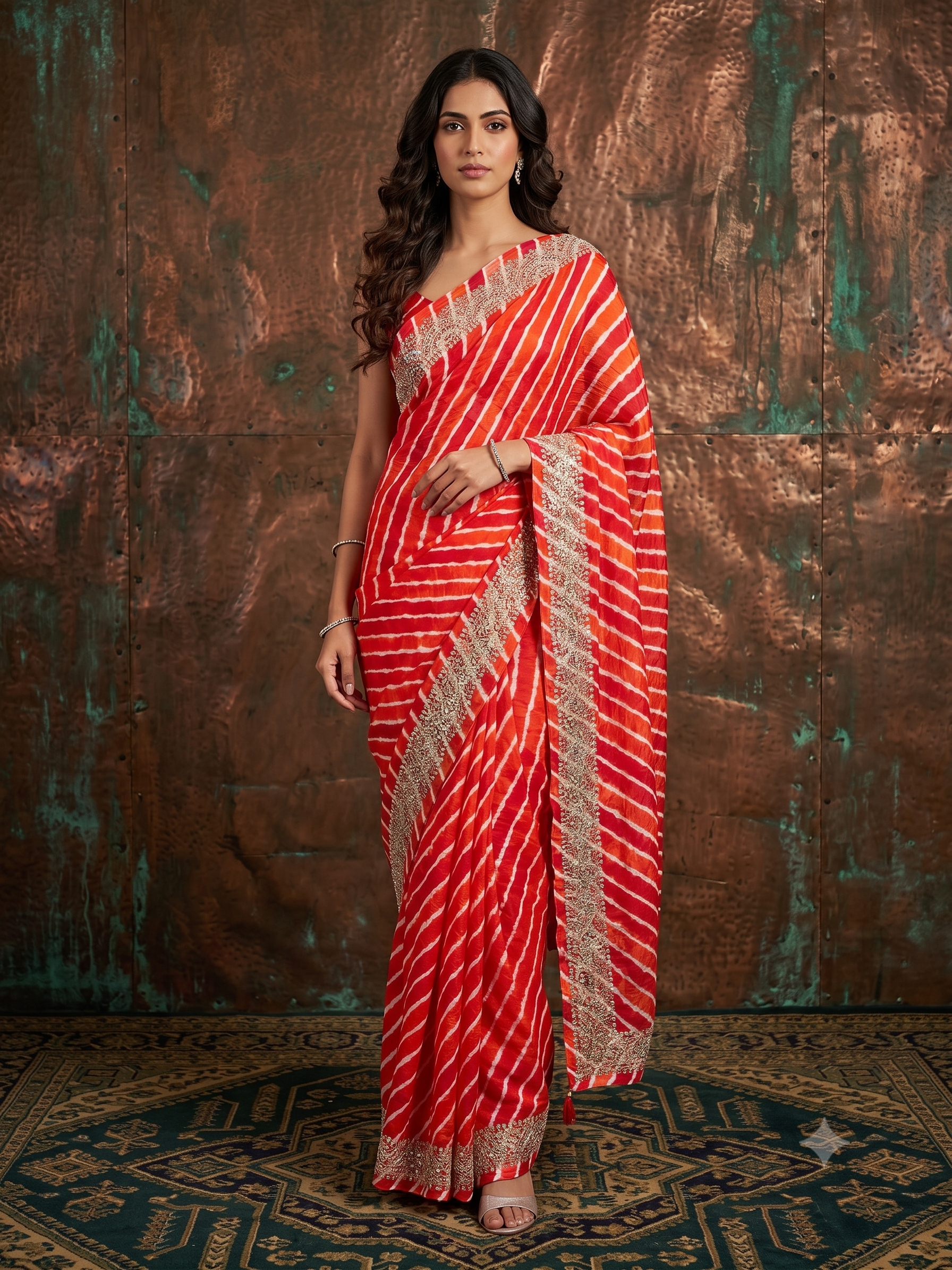 Saffron Flame Embellished Tussar Silk Leheriya Saree