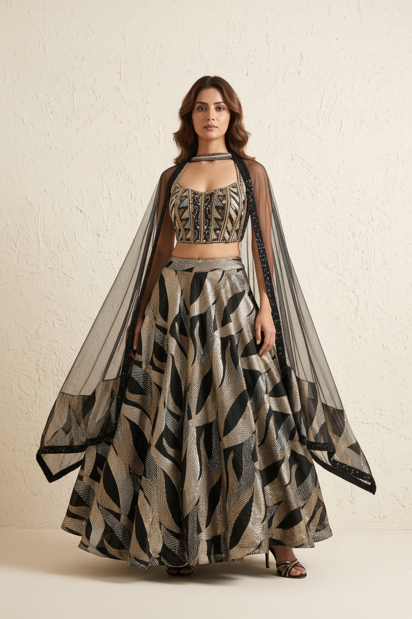 Black & Champagne Gold Embellished Organza Silk Skirt Set