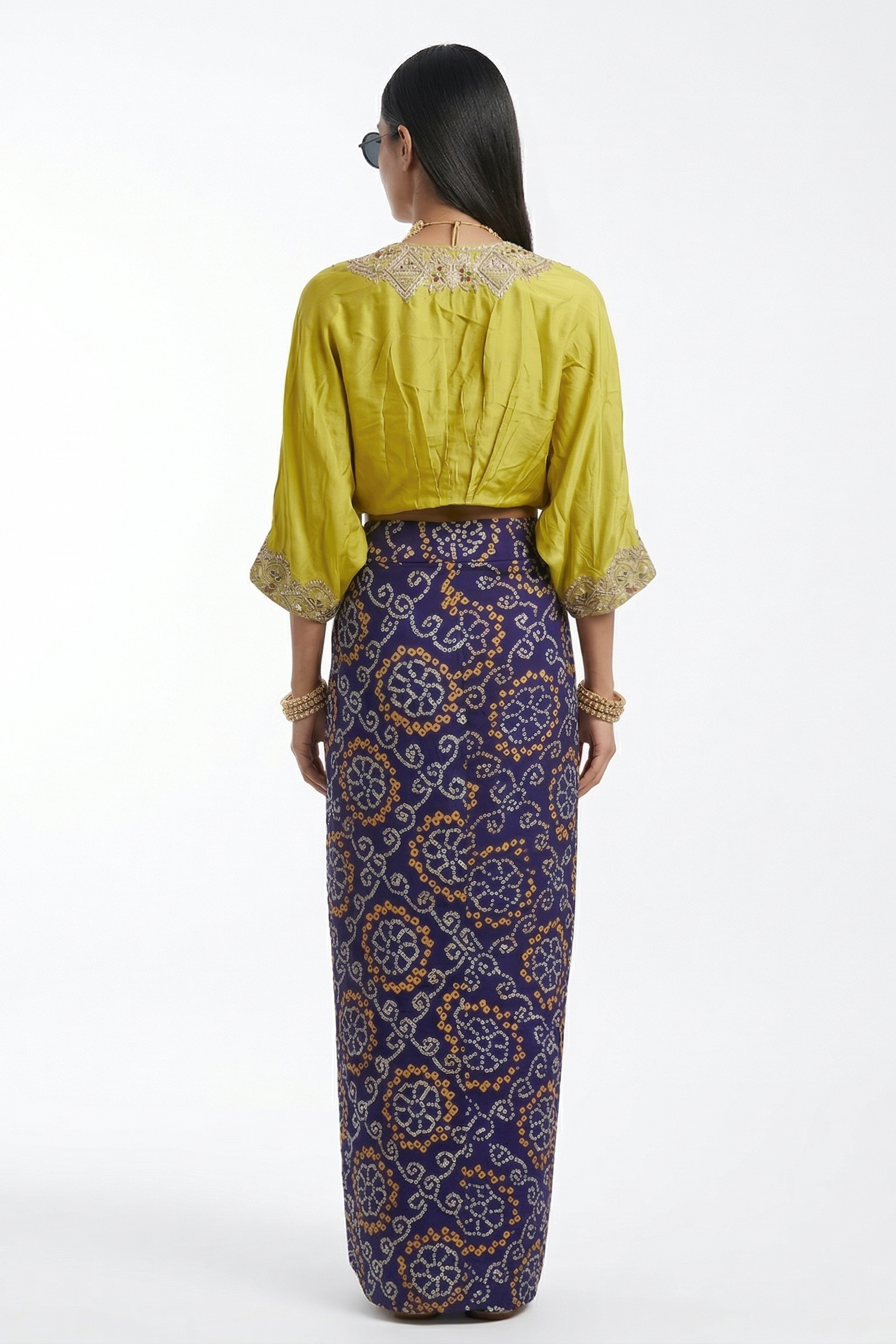 Lime Yellow Embellished Bandhani Draped Skirt Set