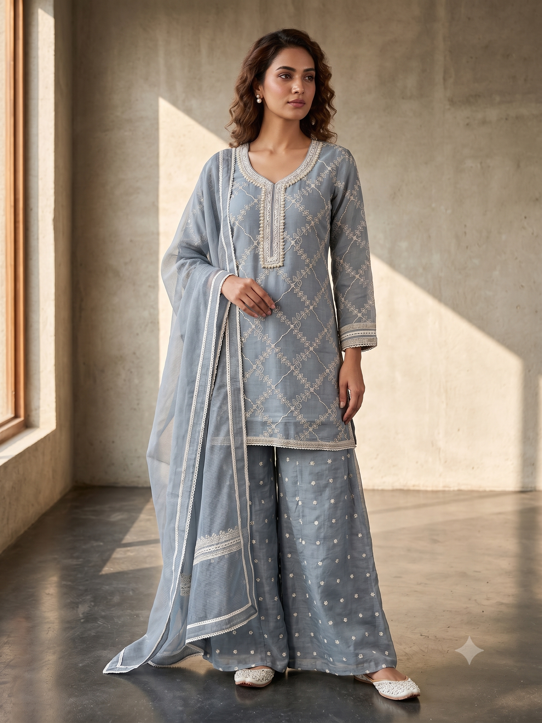 Slate Grey Embroidered Mul-Chanderi Silk Suit Set