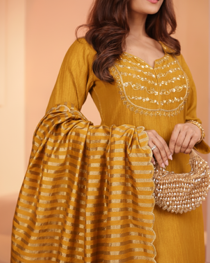 Golden Mustard Embroidered Crushed Tissue Silk Pant Set