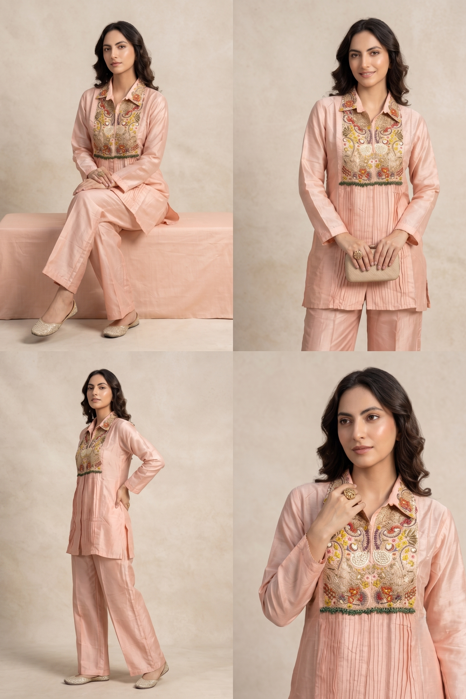 Pastel Peach Embellished Crepe Silk Palazzo Set