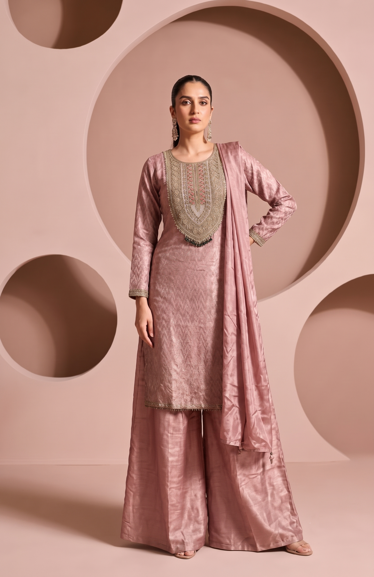 Dusty Pink Embellished Brocade Silk Pant Set