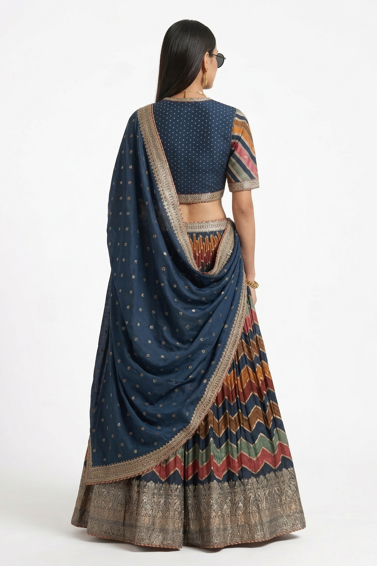 Navy Blue Embellished Crushed Tissue Silk Lehenga Set
