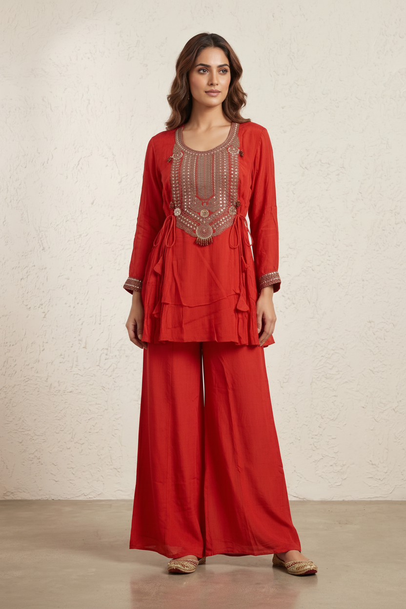 Rust Orange Embellished Chinon Silk Palazzo Set