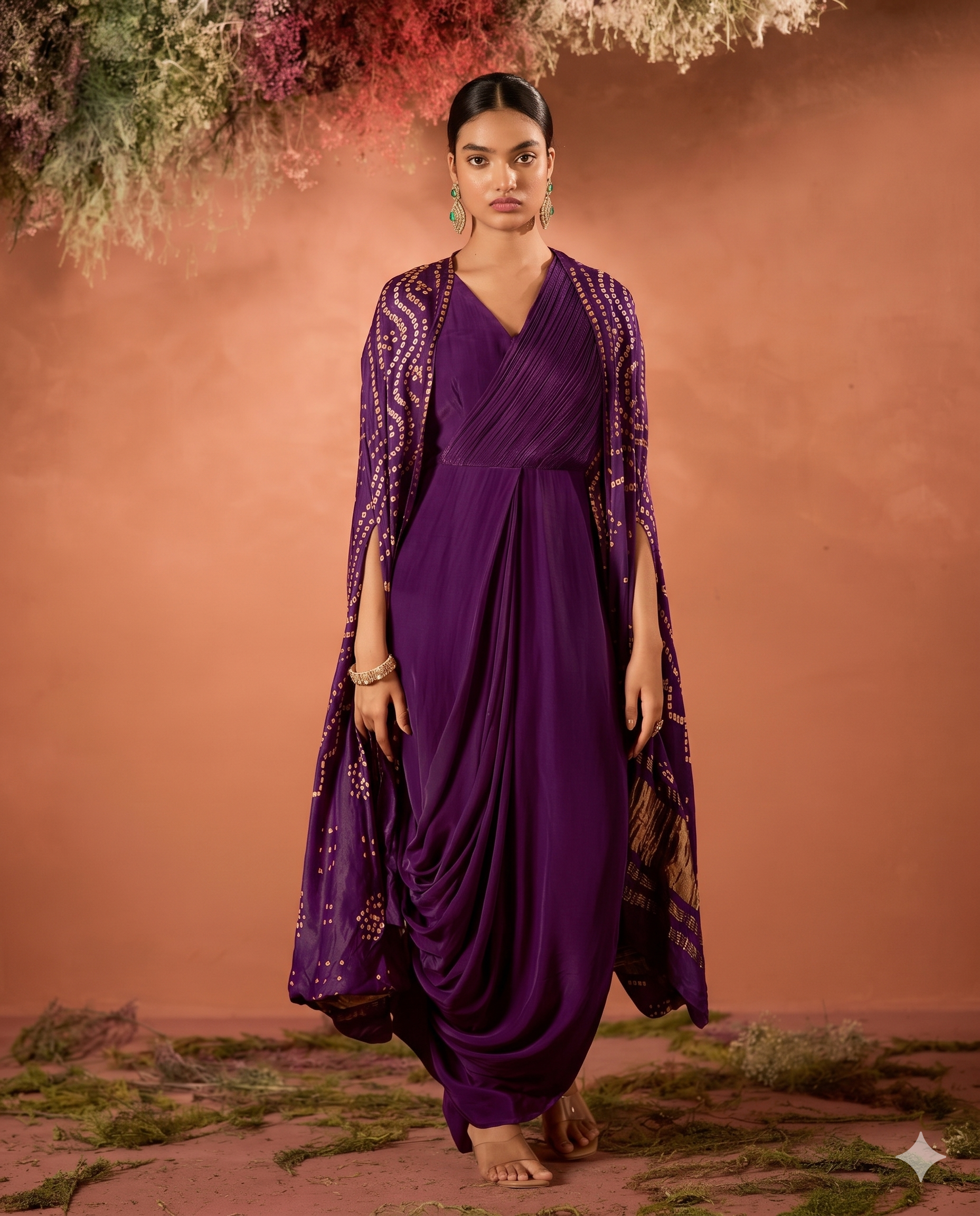 Wine Purple Embellished Satin Silk Draped Gown
