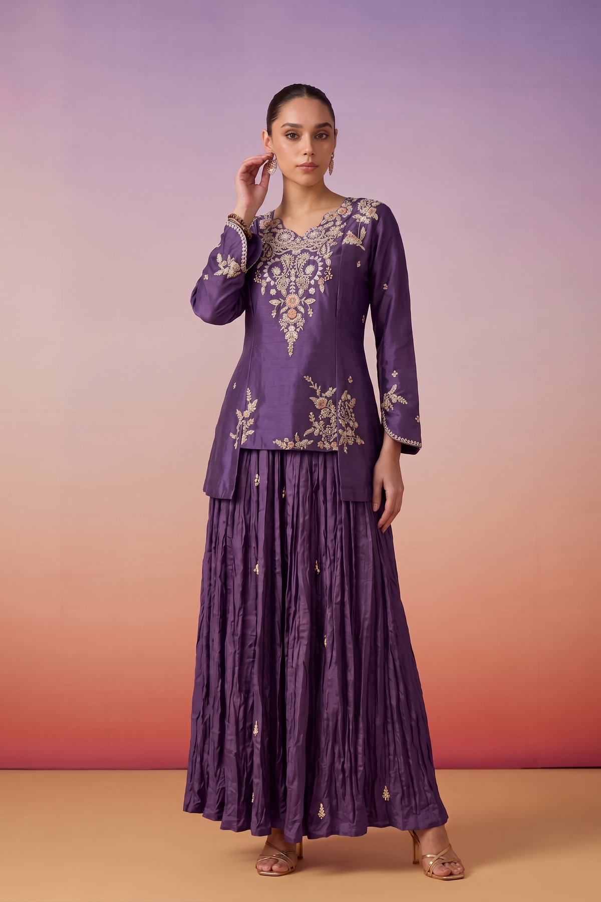 Plum Purple Embellished Chinon Silk Skirt Set