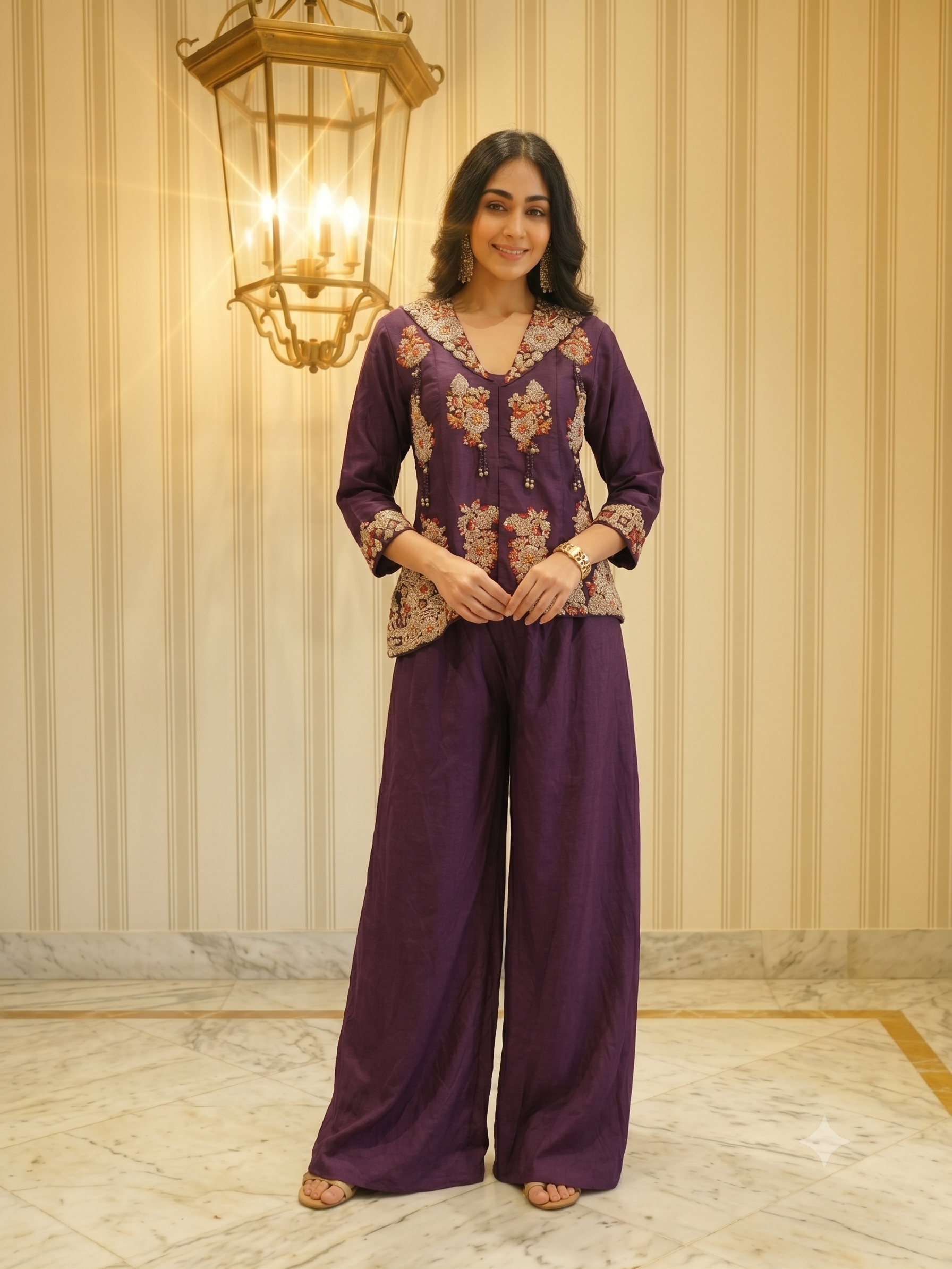 Deep Aubergine Embroidered Raw Silk Sharara Set
