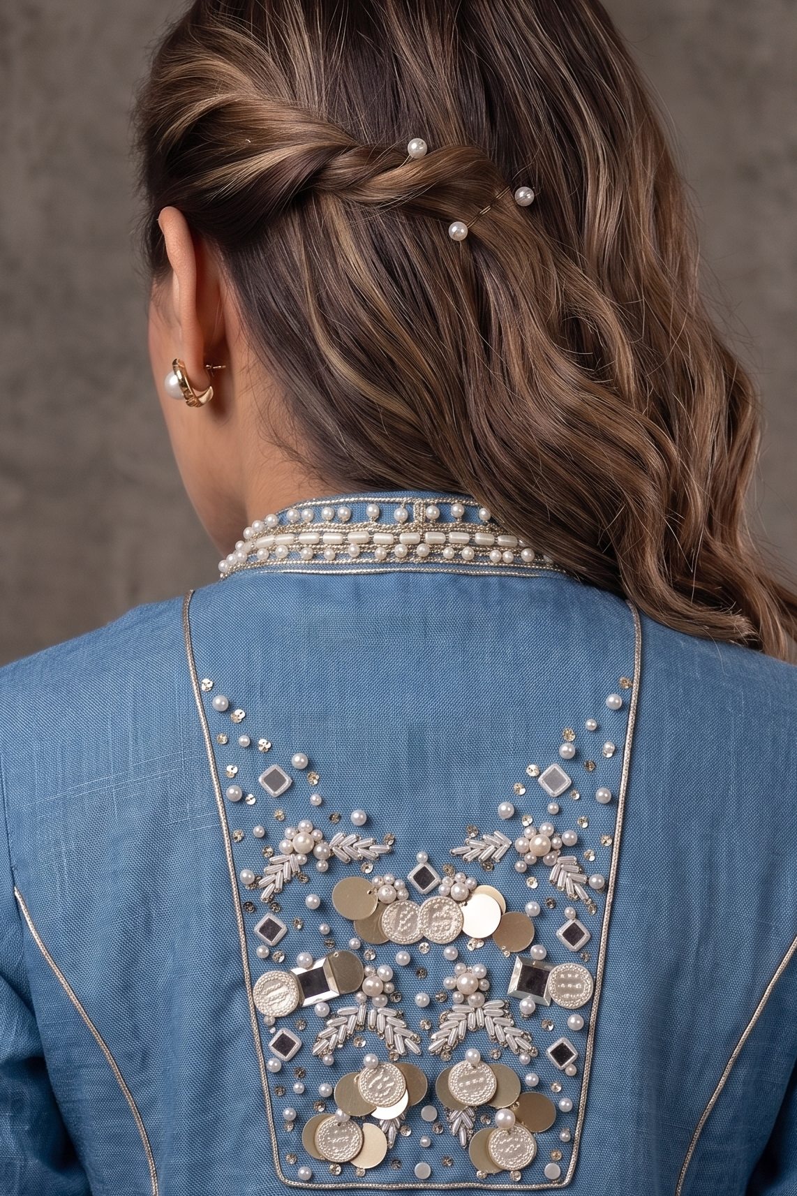 Denim Pearl Embellished Cotton Linen Pant Set