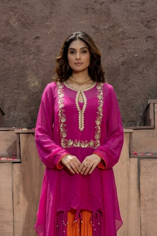 Magenta Pink Embellished Georgette Silk Skirt Set