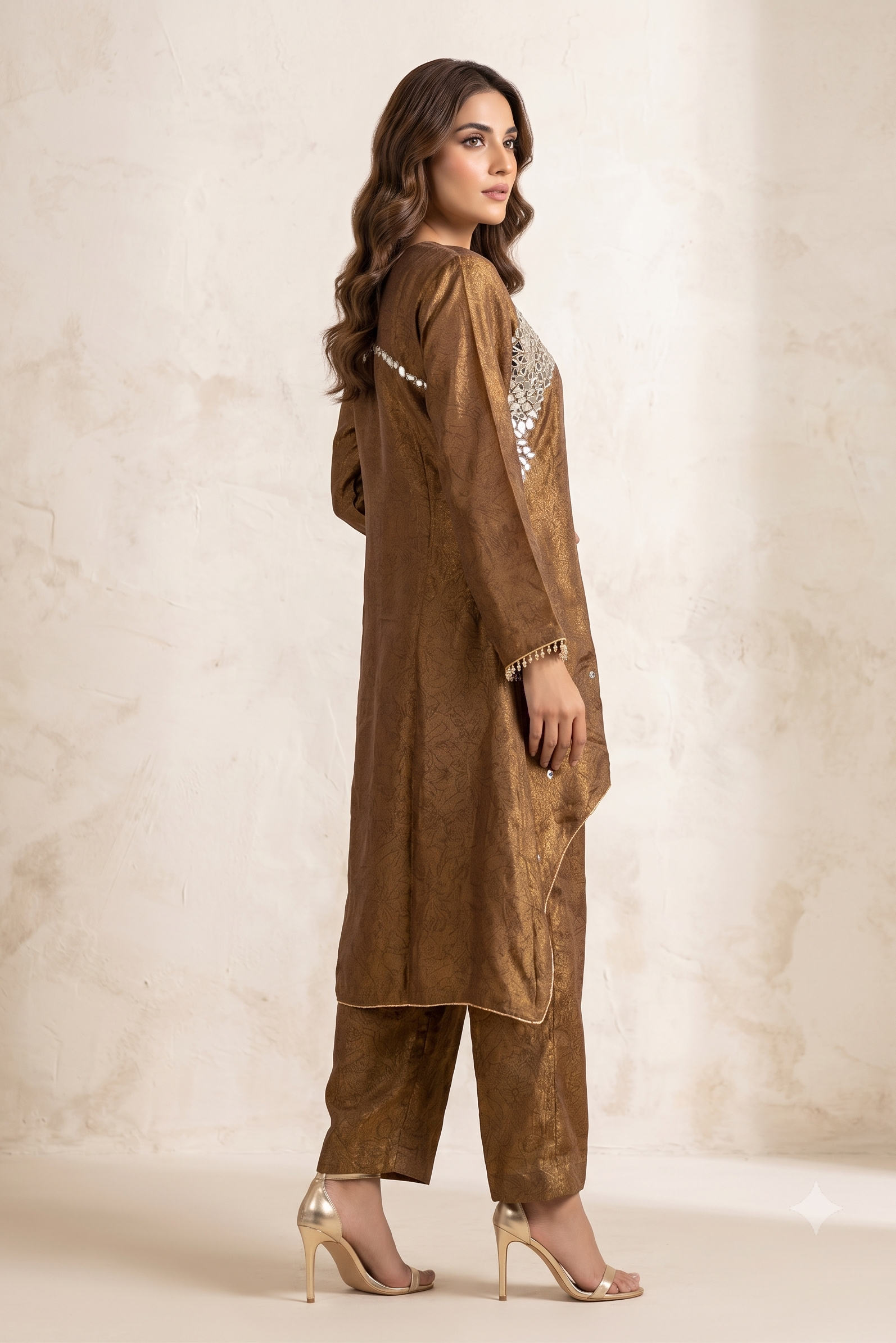 Golden Brown Embellished Chanderi Silk Kurta Set