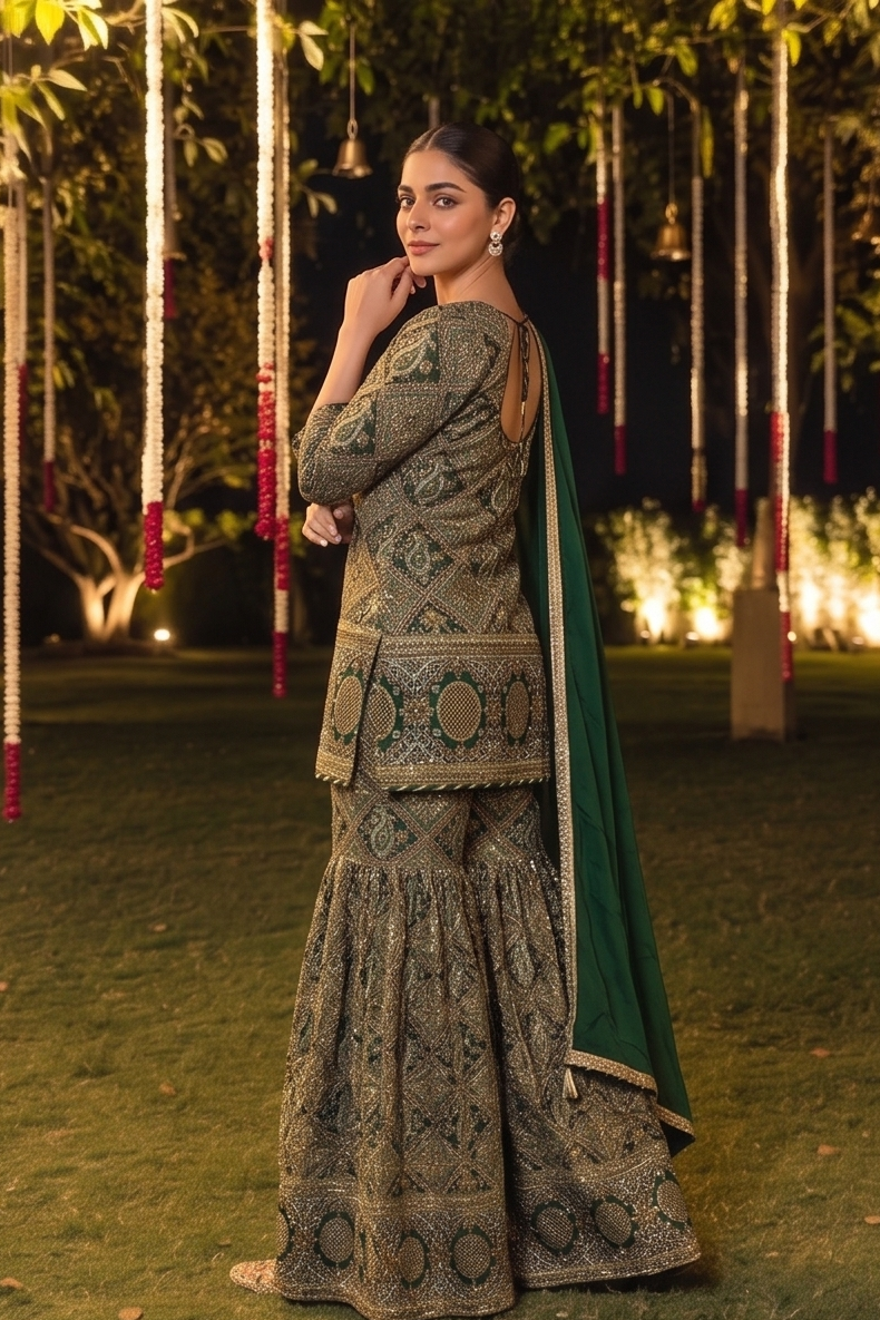 Emerald Green Embellished Crepe Silk Sharara Set