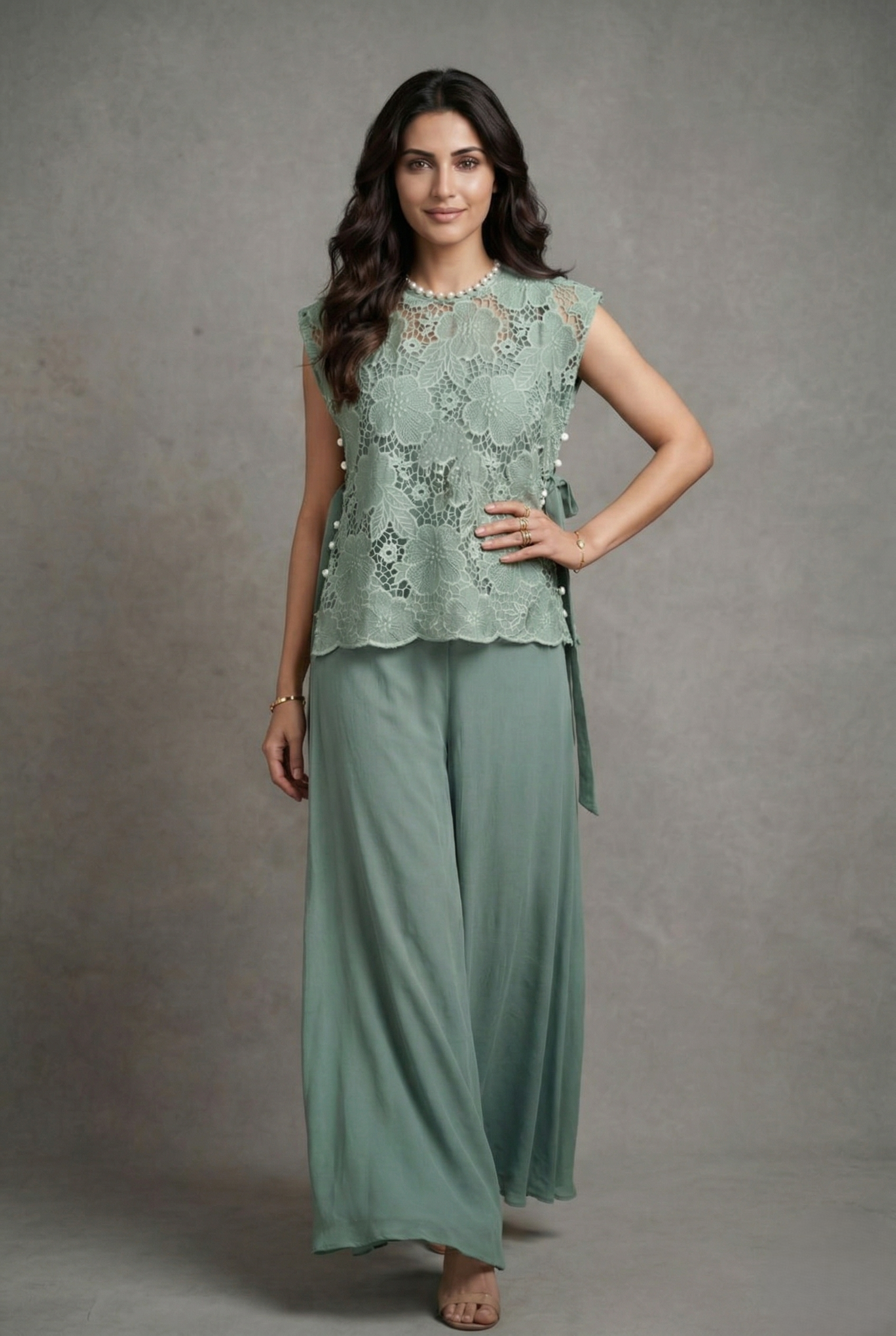 Sage Green Floral Cutwork Crepe Silk Co-ord Set