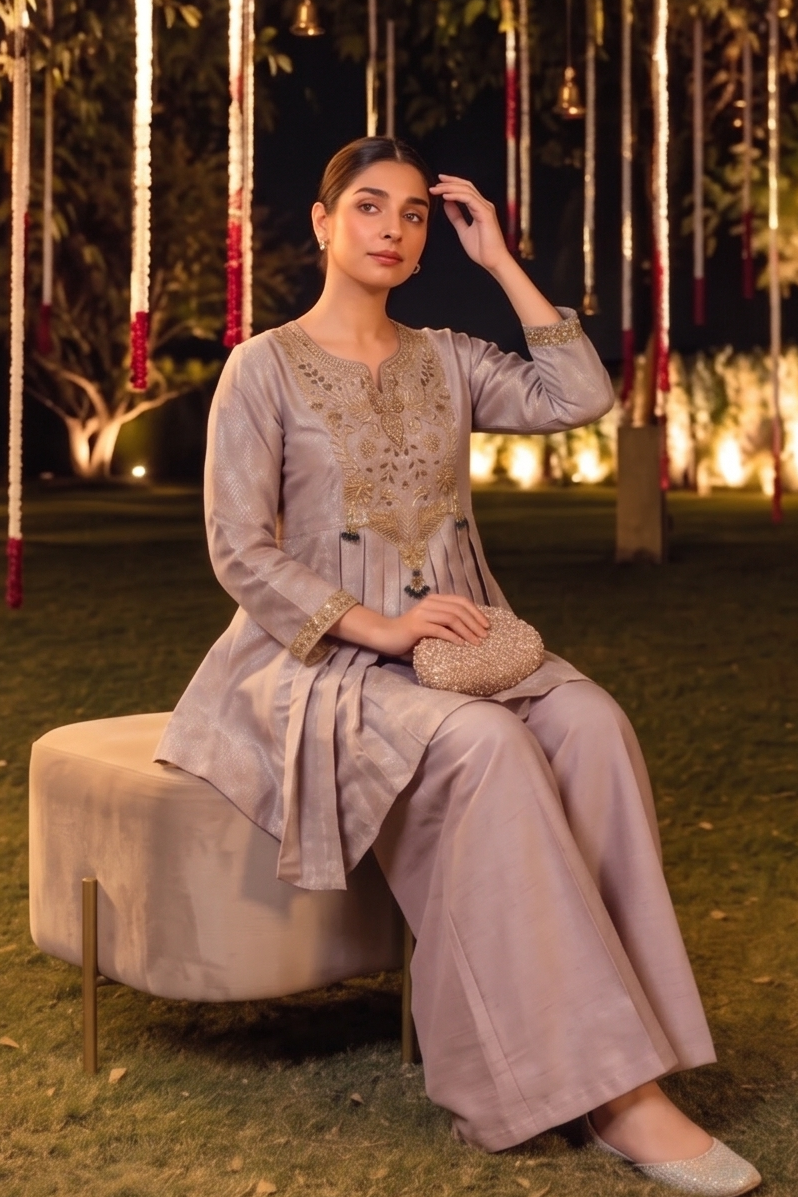 Baby Pink Embellished Brocade Silk Palazzo Set
