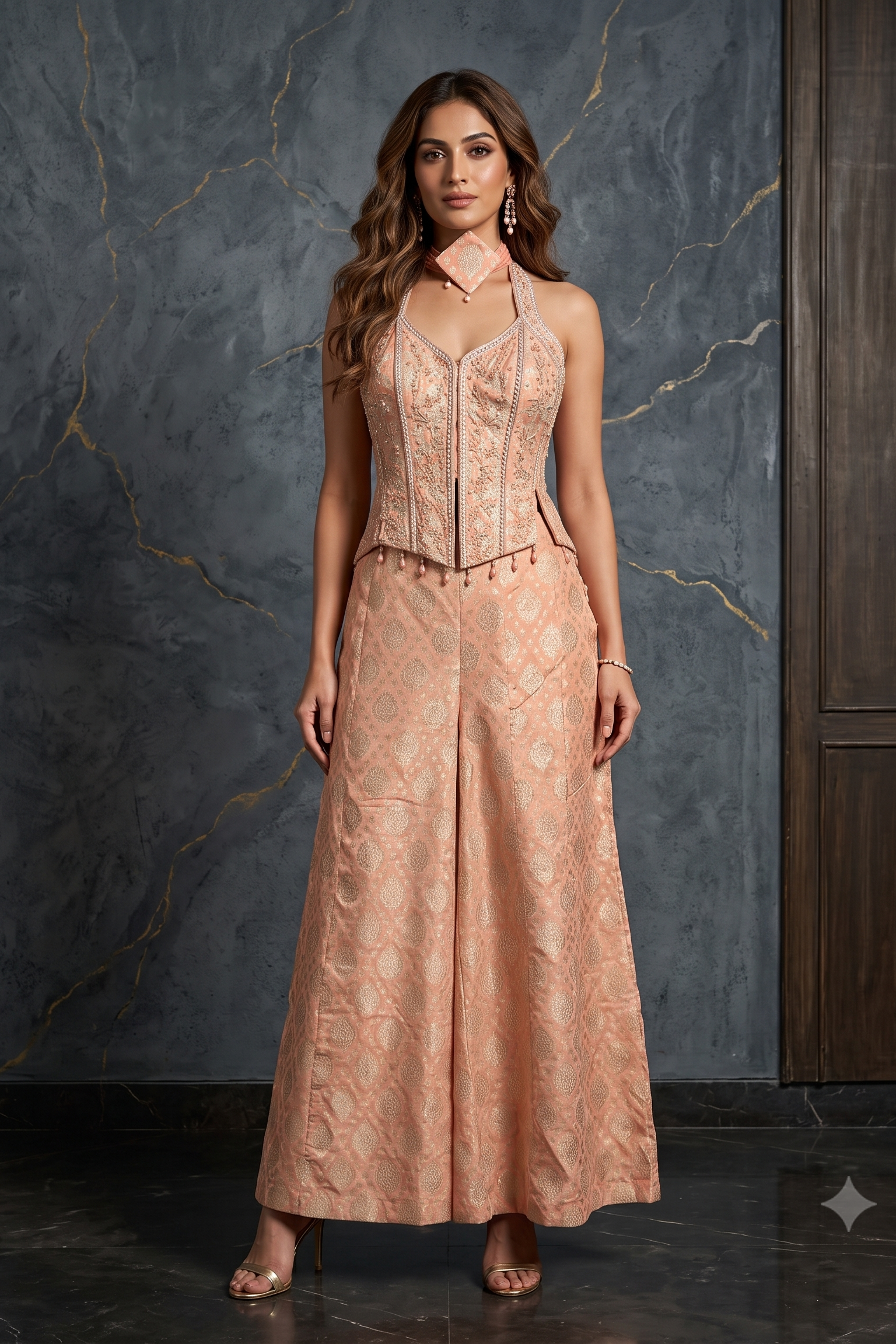 Soft Peach Embellished Banarasi Silk Palazzo Set