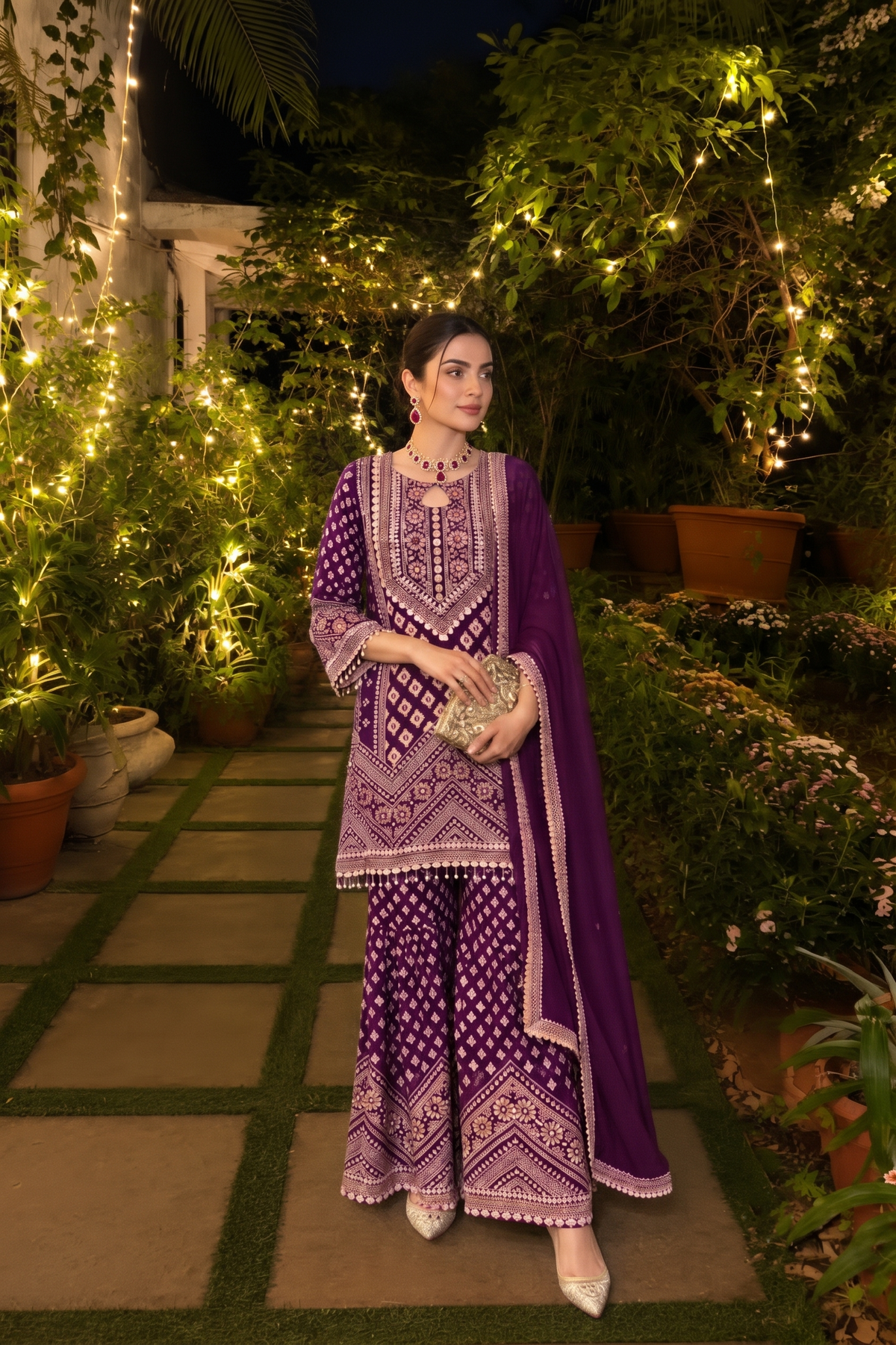 Purple Midnight Embellished Pure Crepe Silk Sharara Set