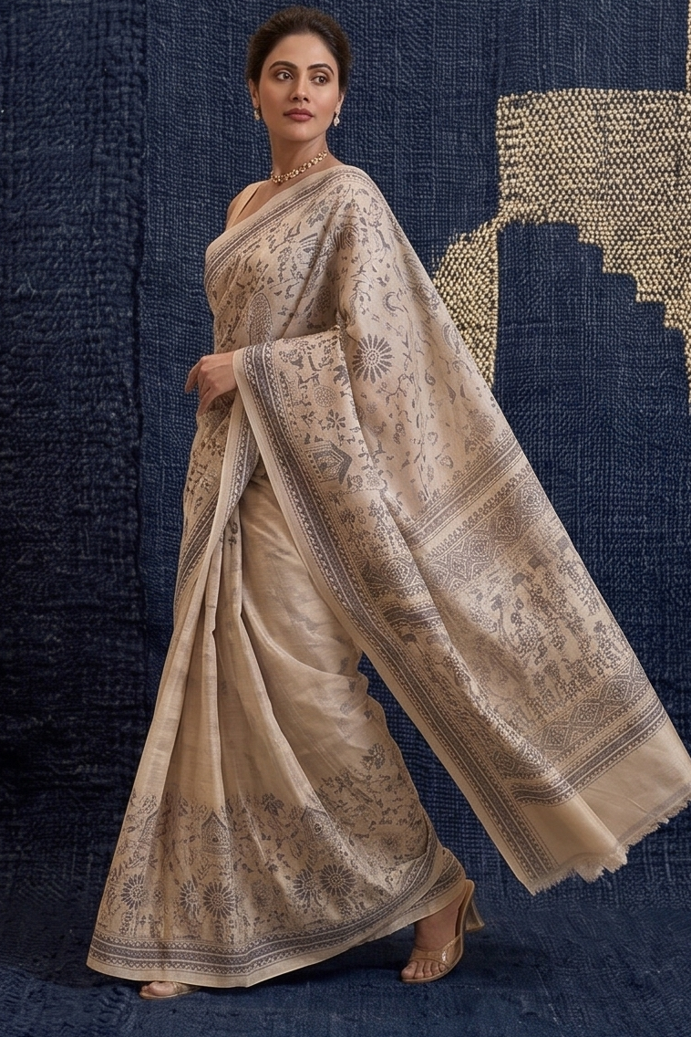 Ivory Kalamkari Embroidered Pure Tussar Silk Saree