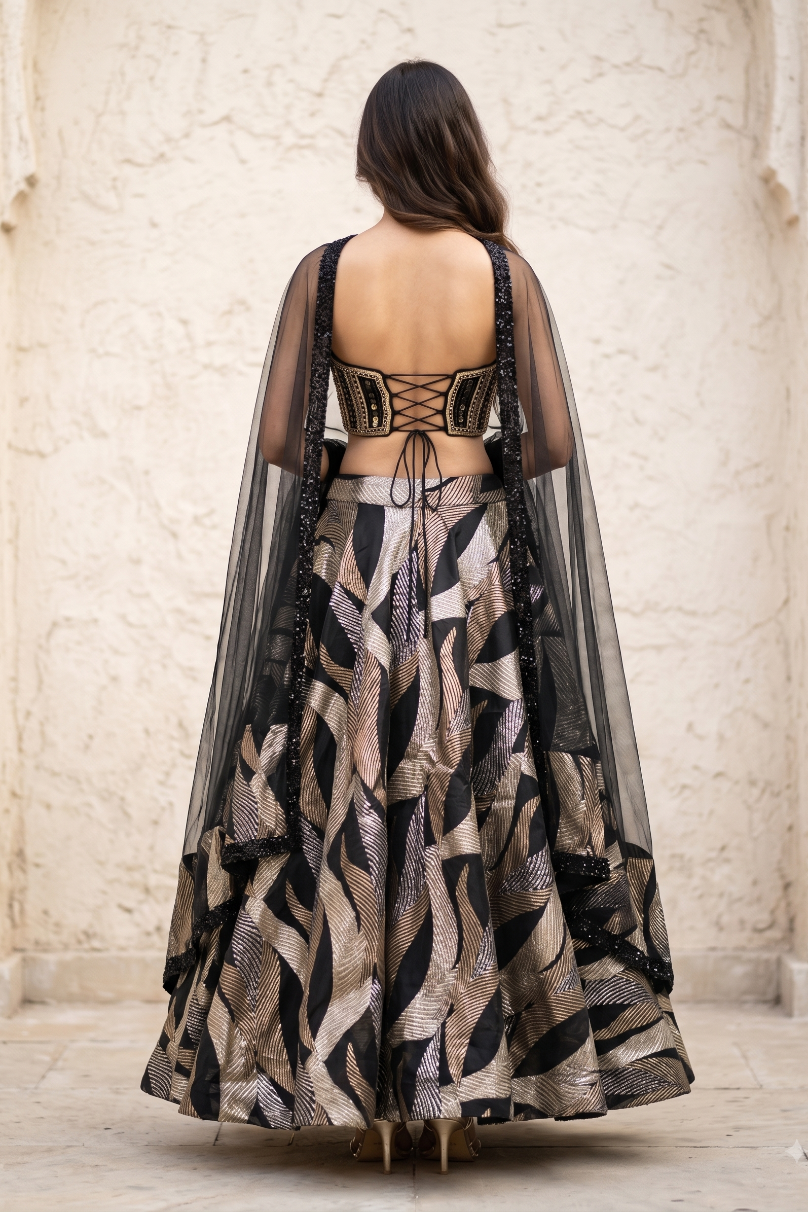 Black & Champagne Gold Embellished Organza Silk Skirt Set