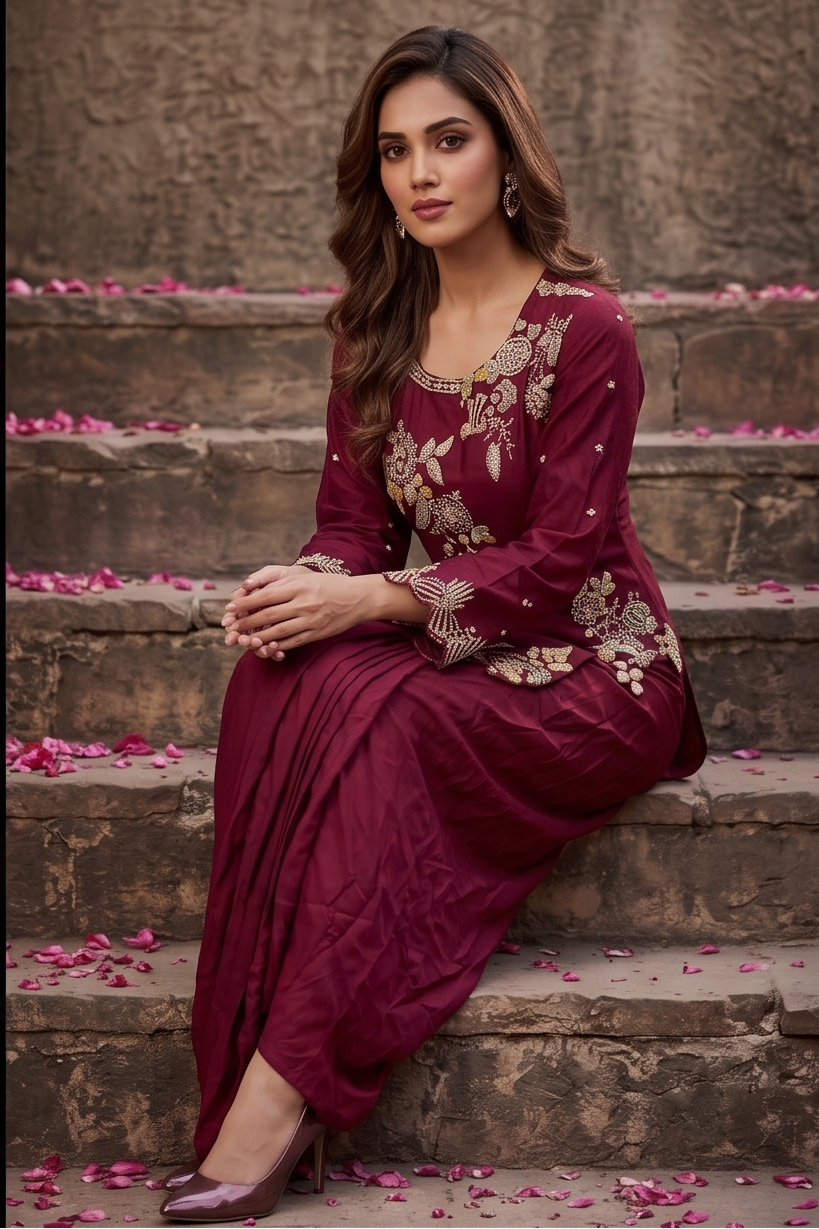 Cherry Charm Embellished Crepe Silk Skirt Set