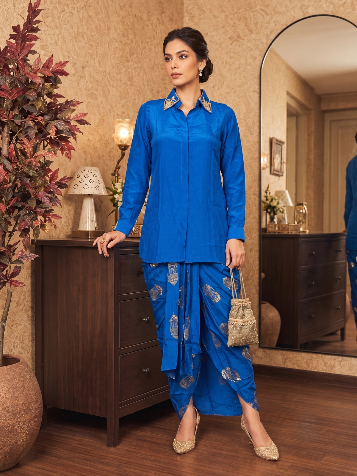 Royal Blue Embellished Crepe Silk Skirt Set