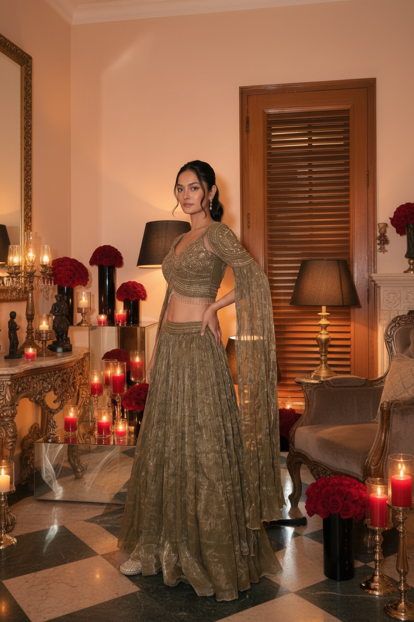 Metallic Olive Shimmer Tissue Silk Lehenga Set