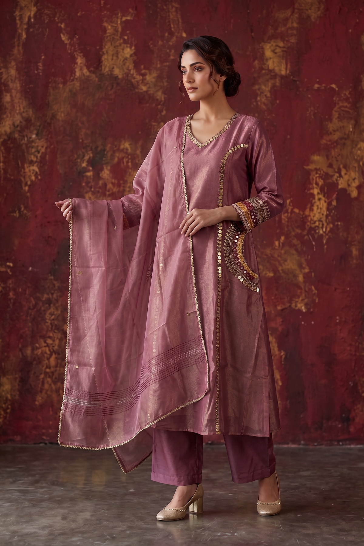 Mauve Embellished  Shimmer Organza Pant Set