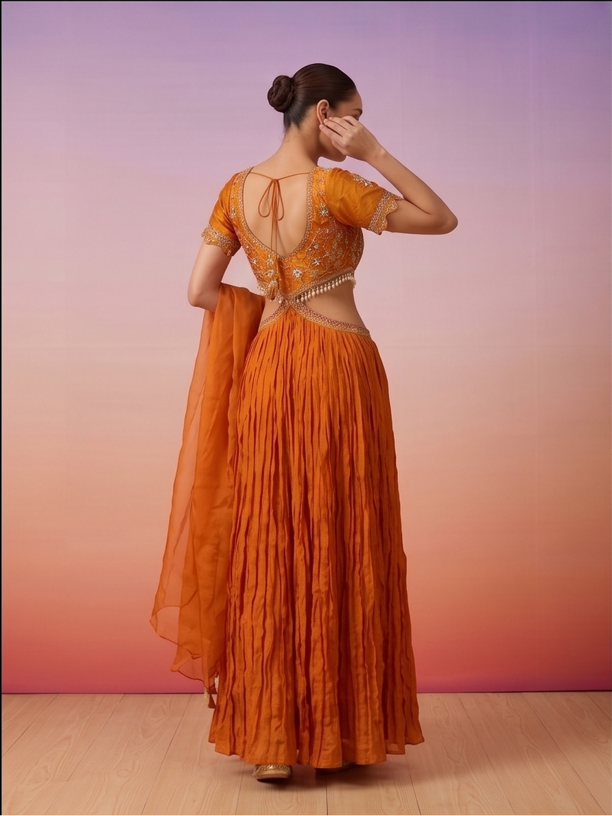 Coral Orange Embellished Chinon Silk Dress