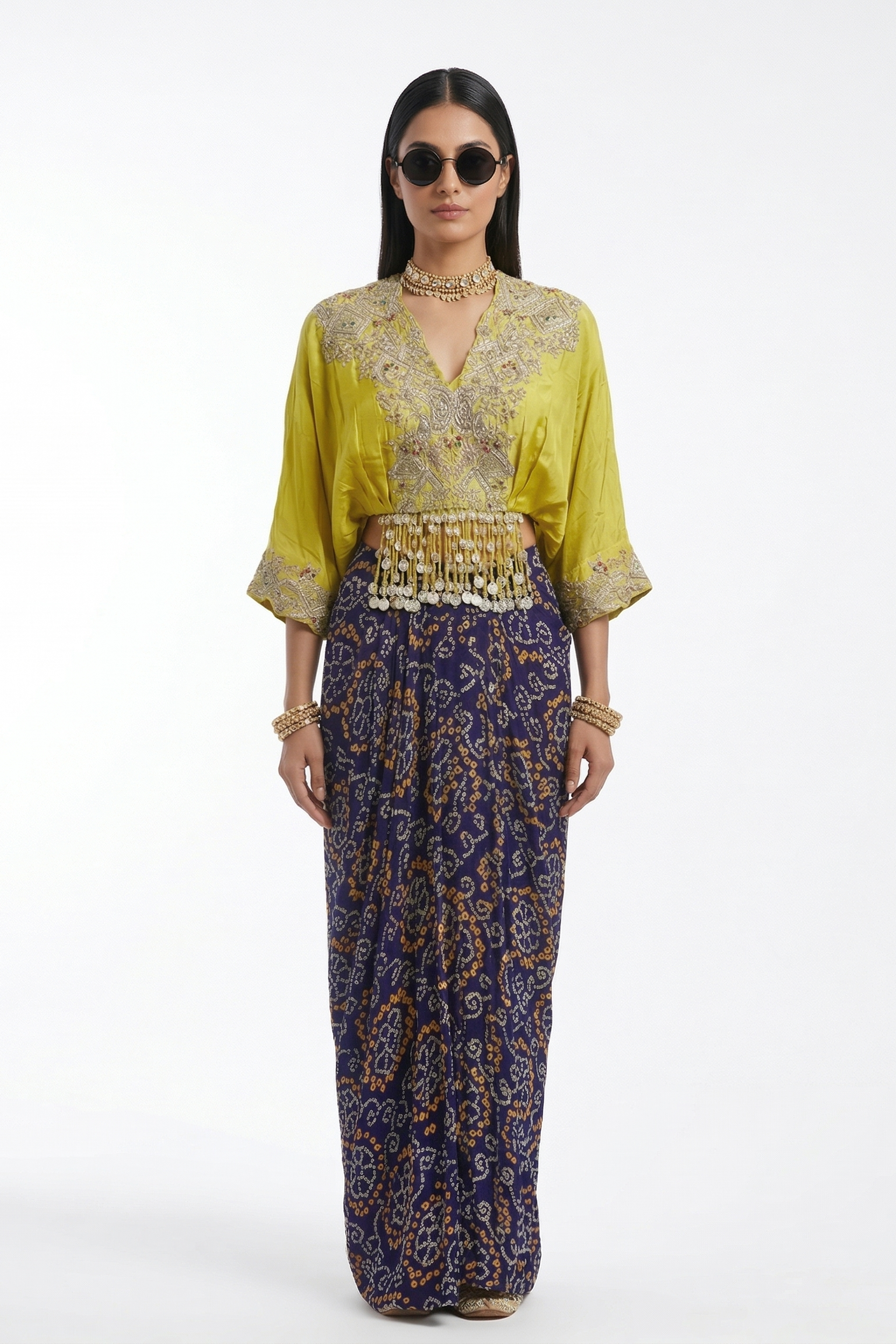 Lime Yellow Embellished Bandhani Draped Skirt Set