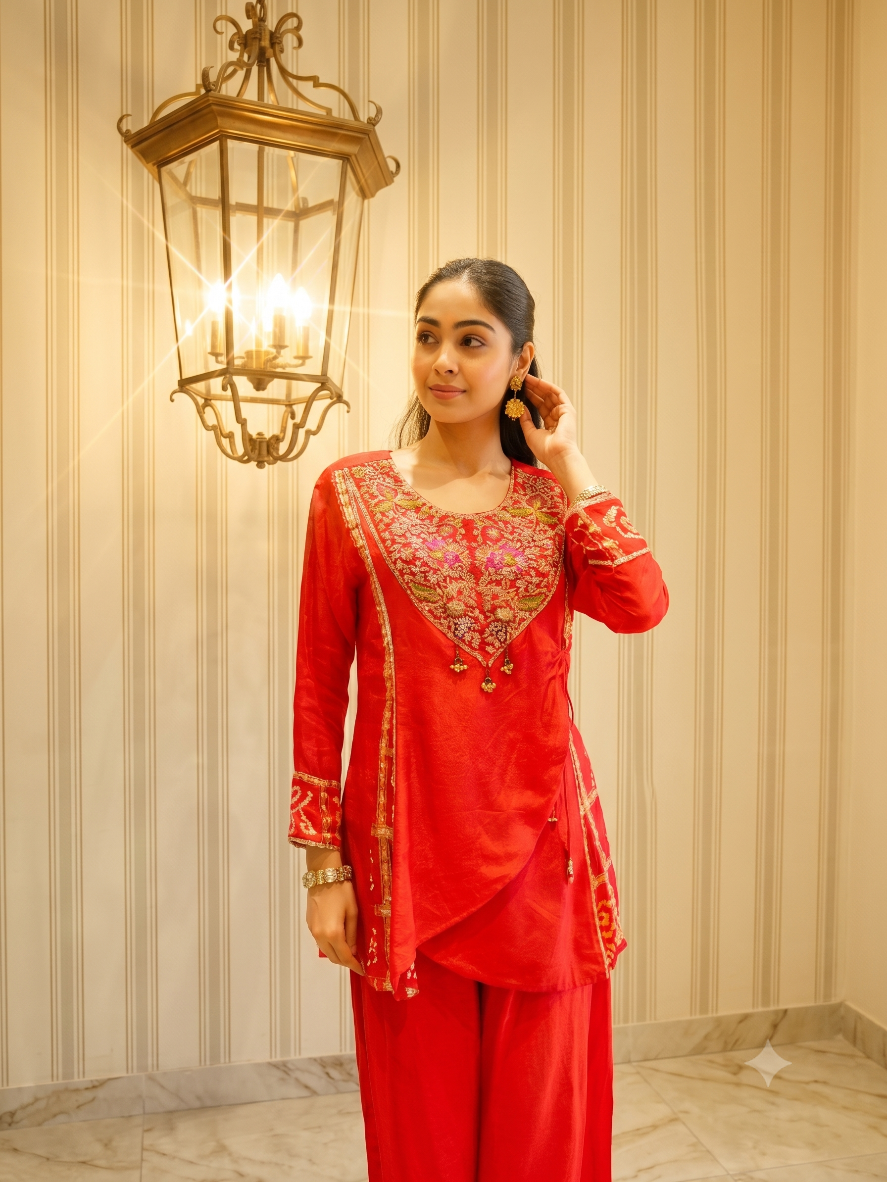 Vermilion Embellished Raw Silk Palazzo Set