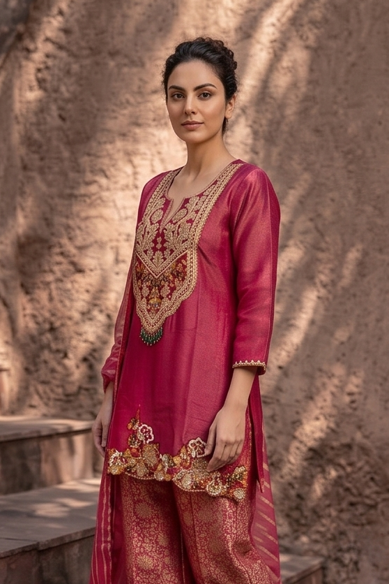 Raspberry Pink Embellished Tissue Silk Palazzo Set