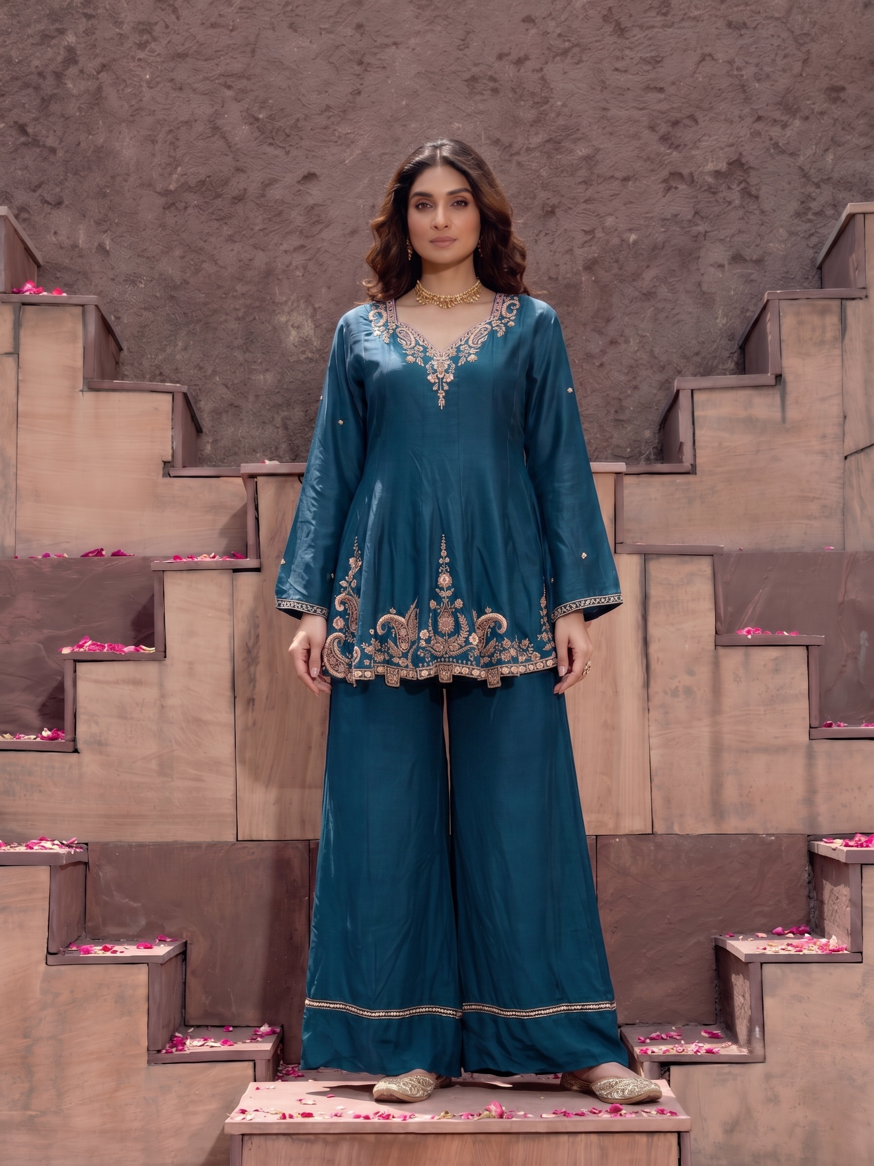 Teal Blue Embellished Crepe Silk Palazzo Set
