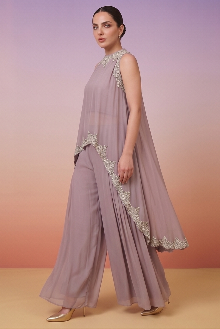 Lilac Mauve Embellished Chinon Silk Palazzo Set