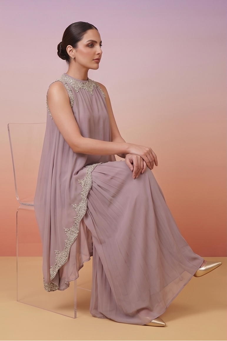 Lilac Mauve Embellished Chinon Silk Palazzo Set