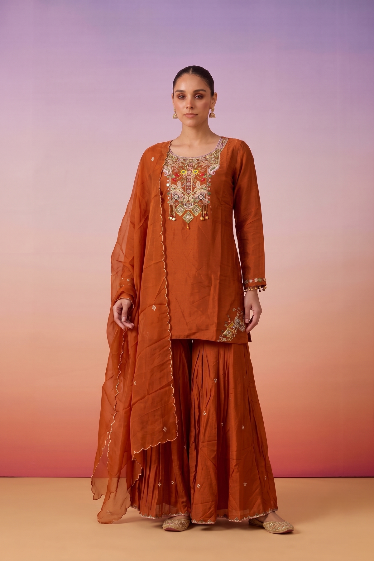 Sunset Orange Embellished Crepe Silk Sharara Set