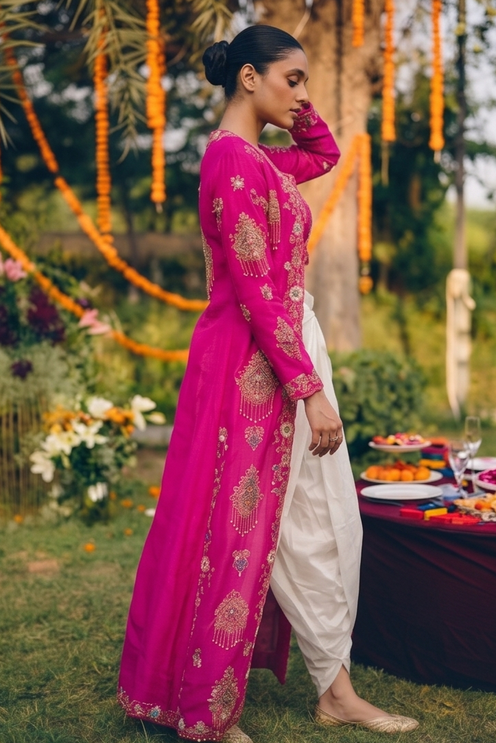 Hot Pink Embellished Crepe Silk Dhoti Set