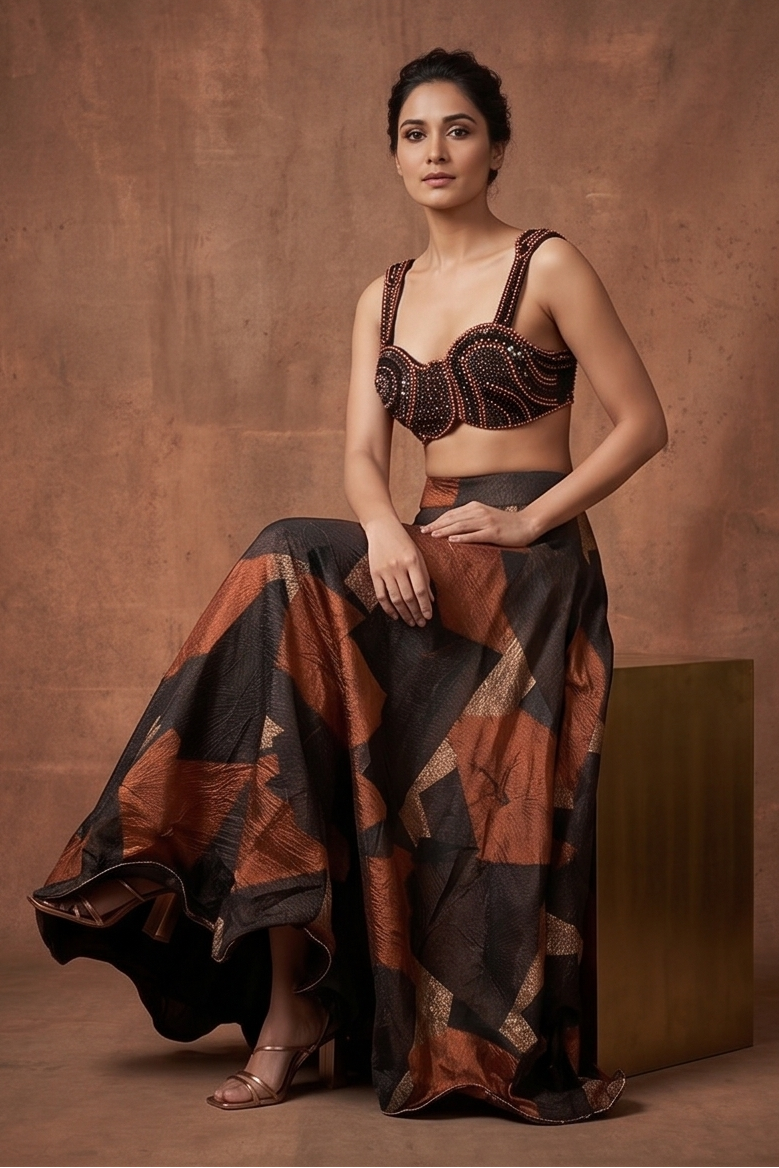 Black & Copper Geometric Shimmer Silk Lehenga Set