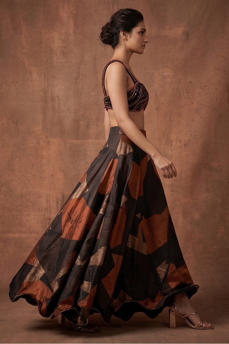 Black & Copper Geometric Shimmer Silk Lehenga Set