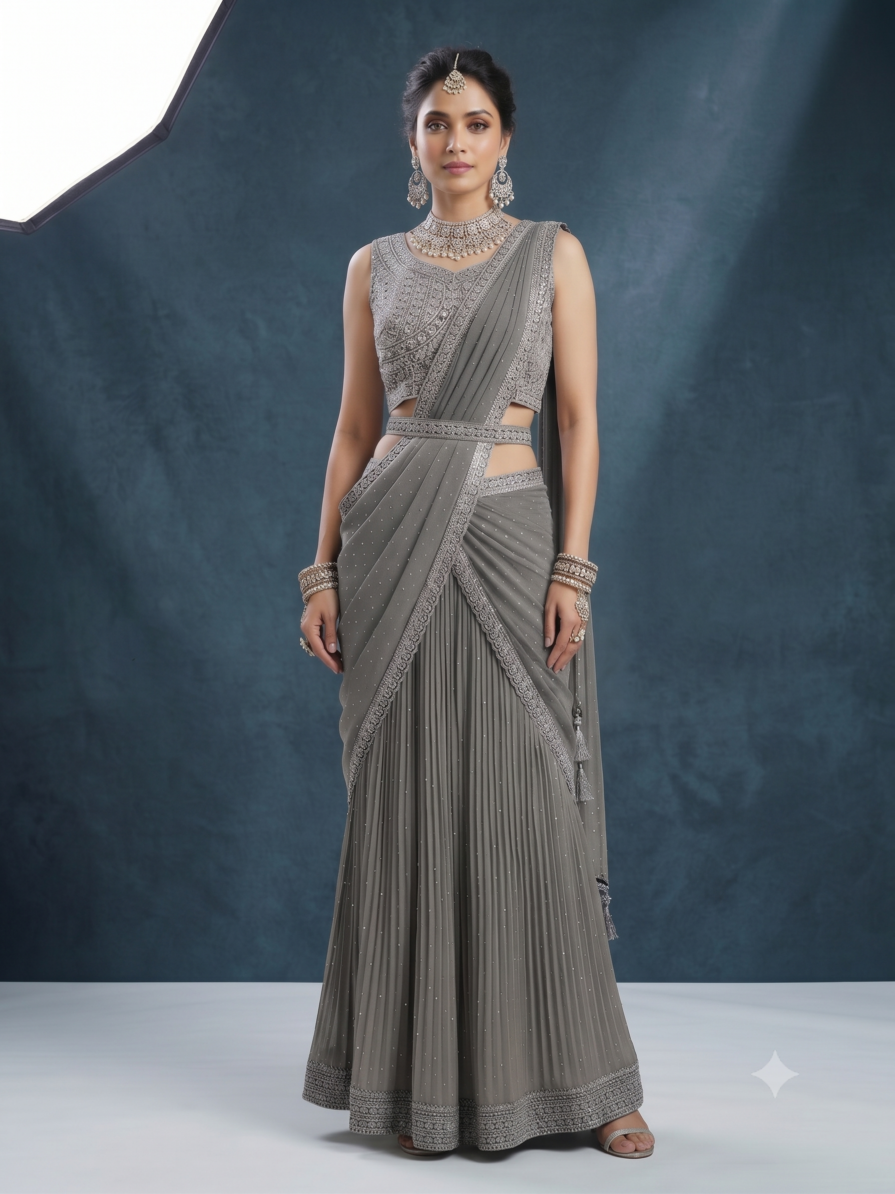 Steel Grey Embellished Saree-Style Skirt Set