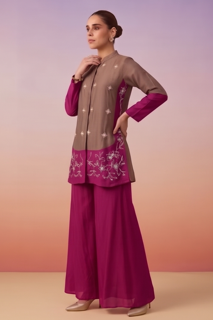 Brown & Magenta Embellished Crepe Silk Co-ord Set