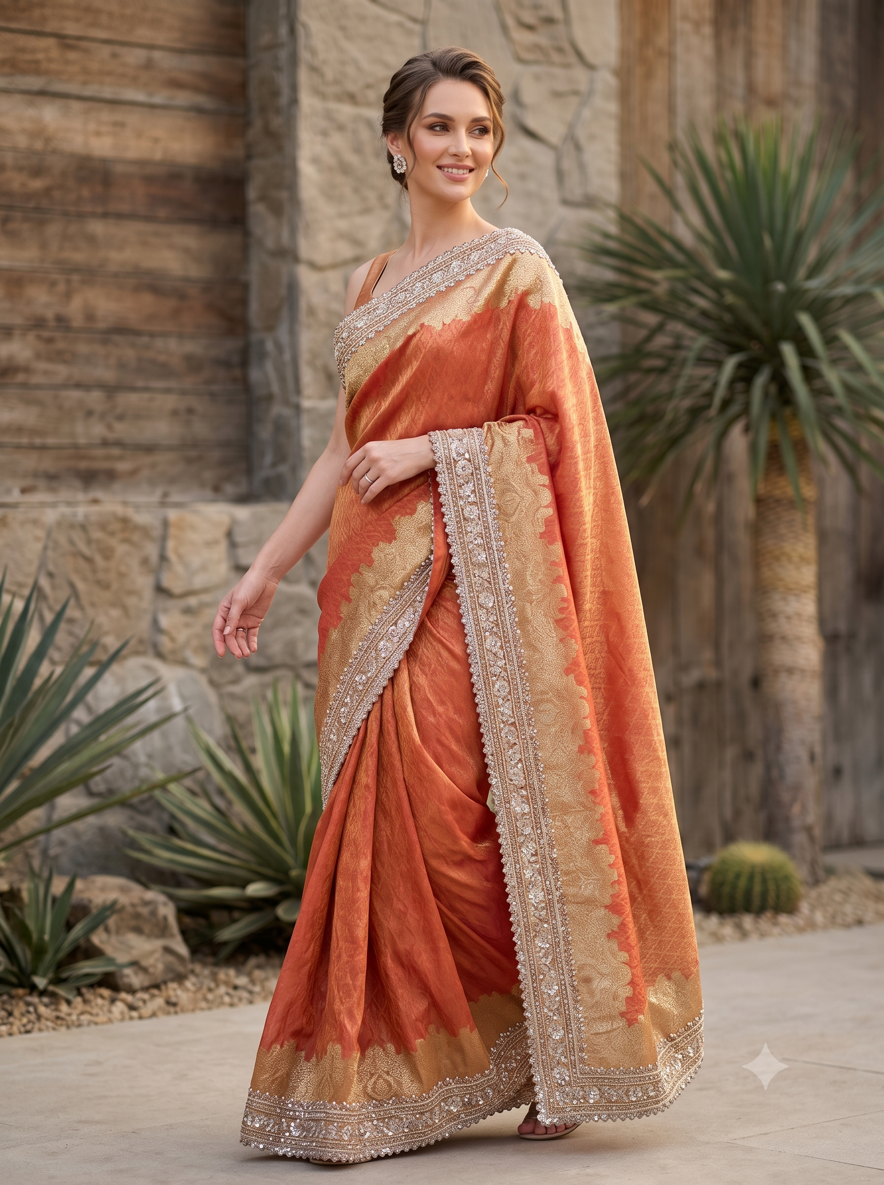 Rust Peach Embellished Shimmer Tissue Silk Saree